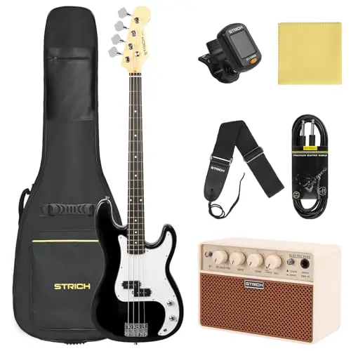 STRICH Electric Bass Guitar in black finish with included amp and accessories