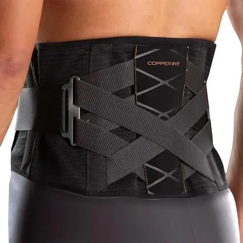 Copper Fit back brace with X-strap design and curved lumbar panel