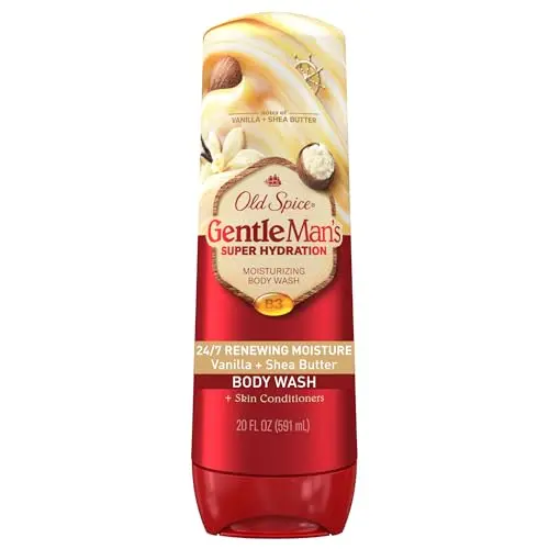 Old Spice GentleMan's Super Hydration Body Wash bottle showing vanilla and shea butter variant