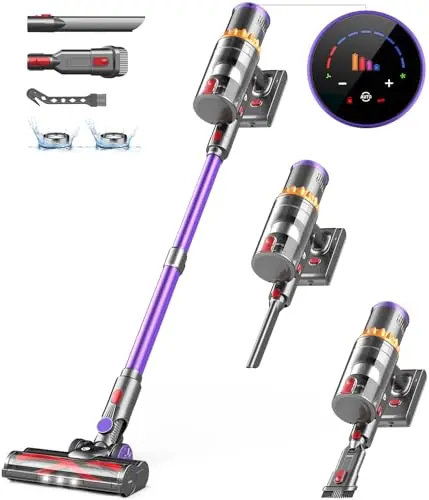 CHEBIO cordless stick vacuum with smart display cleaning pet hair from carpet