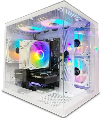 suevery white gaming desktop computer with clean aesthetics and RGB lighting