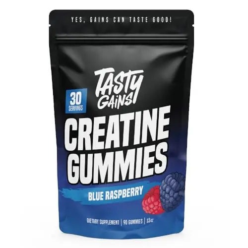 Tasty Gains creatine infused gummies in blue raspberry flavor
