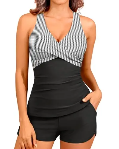 Women's black stripe tankini swimsuit with boy shorts