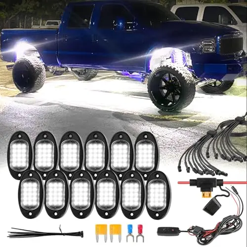 ZONECONA white LED rock lights with wiring harness on a Jeep