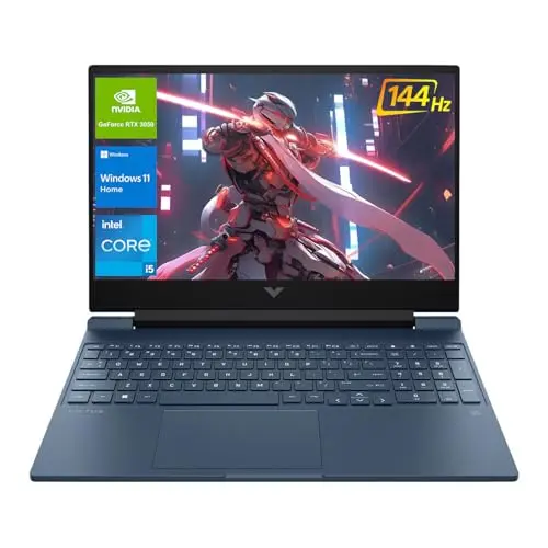 HP Victus gaming laptop in blue with backlit keyboard