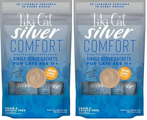 Tiki Cat Silver Comfort senior wet cat food sachets with chicken and liver recipe