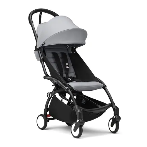 Stokke YOYO3 stroller with stone seat cushion and compact fold