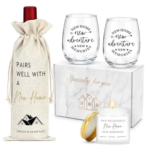 YENCHORN house warming gift basket with scented candle, wine glasses, and linen bag