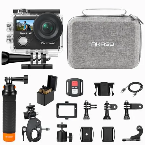 AKASO Brave 4 action camera in black with waterproof case and accessories