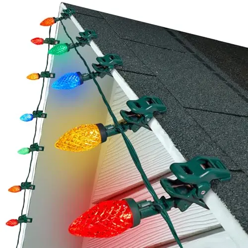 Brightown multicolor C9 LED Christmas lights with spring clips for vibrant roofline decor