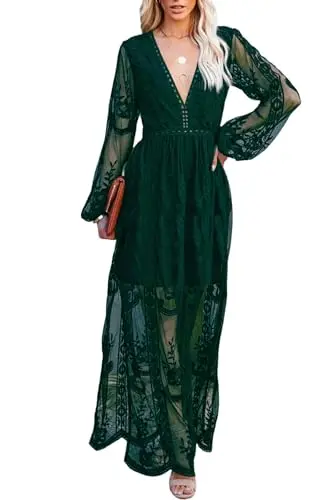 LRISES women's embroidered lace long sleeve V-neck wedding guest dress