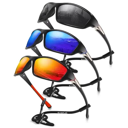 Foliful 3 Pack Polarized Sports Sunglasses in grey, dark blue, and red