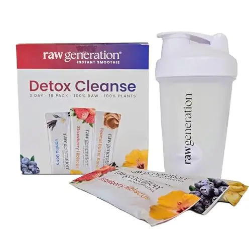 Raw Generation Instant Smoothie Detox powder packets with shaker