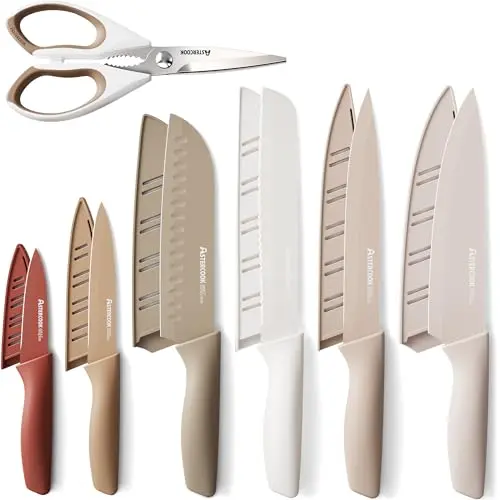 Astercook 13-piece kitchen knife set with white coating and blade guards