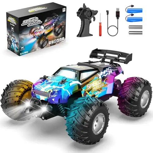 AONEPTR RC monster truck with LED lights on dirt
