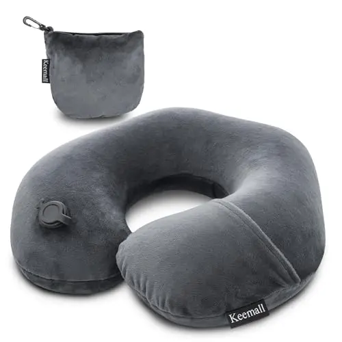 Keemall inflatable travel neck pillow showing deflated state and carry sack