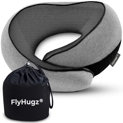 FlyHugz gray travel neck pillow showing compact design