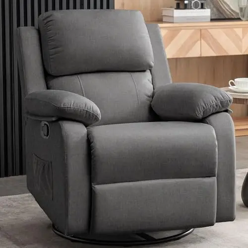 Korser compact swivel rocker recliner in grey with side pockets