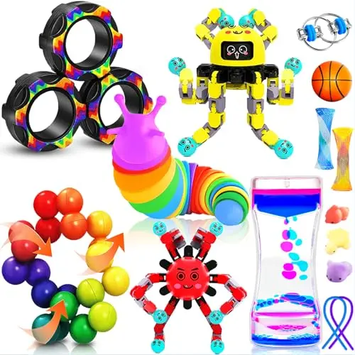 Dr.Kbder 15-pack fidget toys showing variety including sensory slug and magnetic rings
