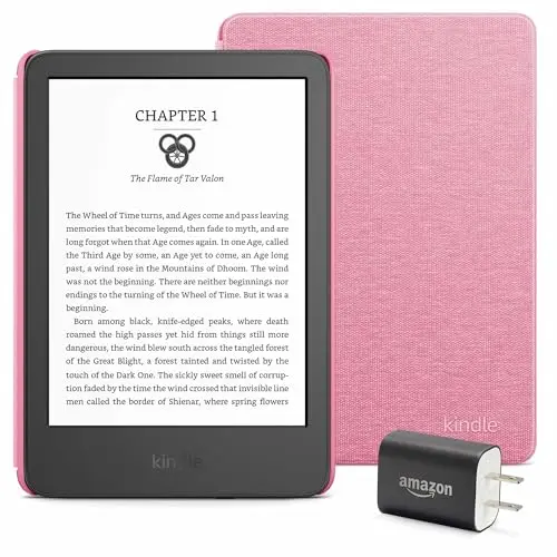 Amazon Kindle Essentials Bundle including e-reader, fabric cover, and power adapter