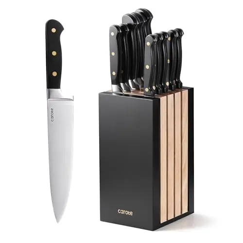 CAROTE 11-piece kitchen knife set with cream handles and wooden magnetic block
