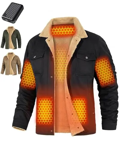 Men's graphene heated jacket in denim with fur lining and large battery