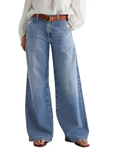 Flamingals Wide Leg Jeans with stitch decor in mid blue wash