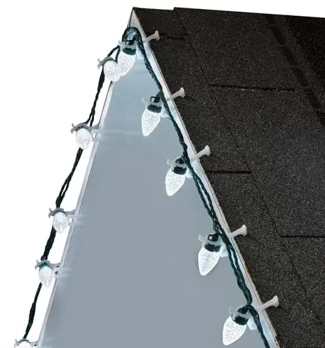 Brightown pure white C9 LED Christmas lights with integrated clips for roofline