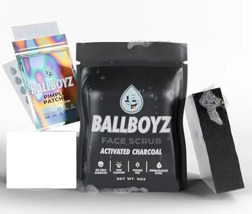 Ballboyz soap pack with activated charcoal face scrub, body scrub, and pimple patches