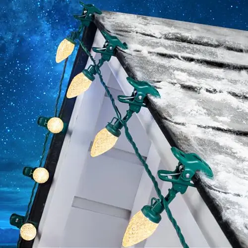Moonflor warm white C9 LED Christmas lights with spring clips for easy roofline attachment