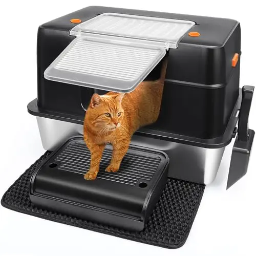 Vivifying stainless steel litter box with side entry and enclosure