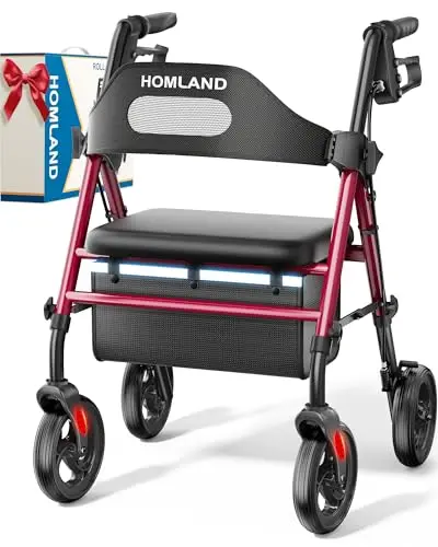 HOMLAND red rollator walker with large wheels and seat