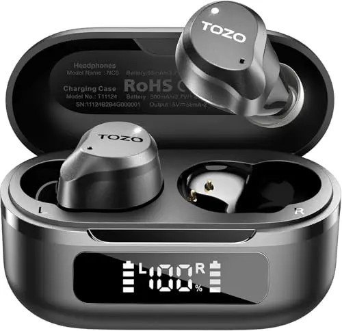 TOZO Hybrid Active Noise Cancelling wireless earbuds in dark black