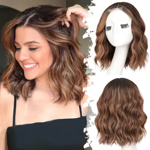 Eawwii brown highlight short wavy wig with HD lace
