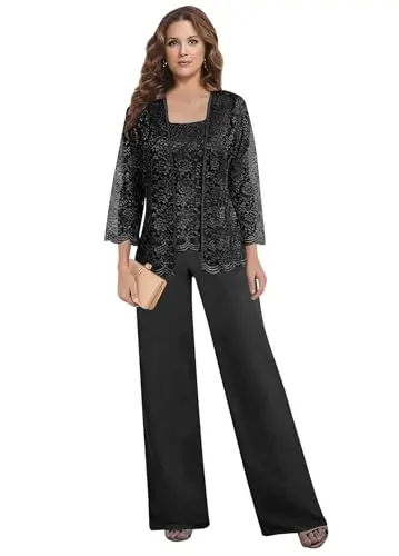 PETYOO black lace and chiffon pant suit set