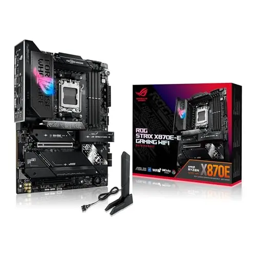 ASUS ROG Strix X870E-E Gaming WiFi motherboard with premium heatsinks and RGB lighting