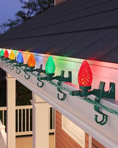 SURAIELEC multicolor C9 LED Christmas lights with clips for secure roofline attachment