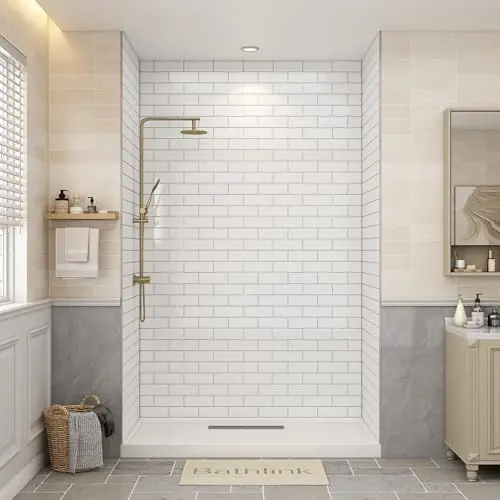 Bathlink solid surface shower wall panels with glossy white subway tile finish