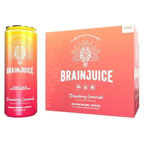 Brainjuice brain health support drink can with strawberry lemonade flavor
