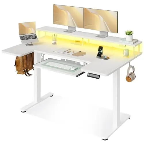OffiGo U-shaped electric standing desk with keyboard tray, power outlets, and LED lighting