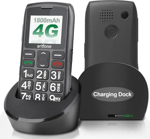 artfone C1+4G senior cell phone with large buttons and charging base