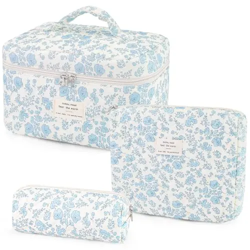 Givurao 3-piece floral quilted makeup bag set in blue for cosmetics and accessories