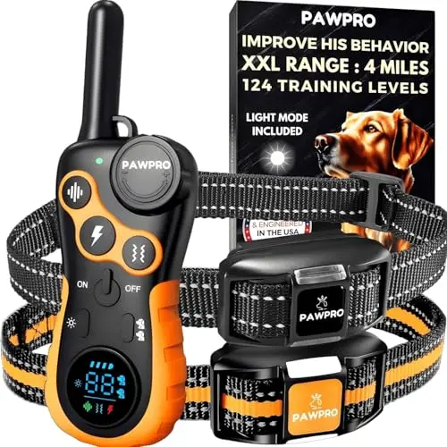 PAWPRO dog training collar set with two collars and remote showing extended range