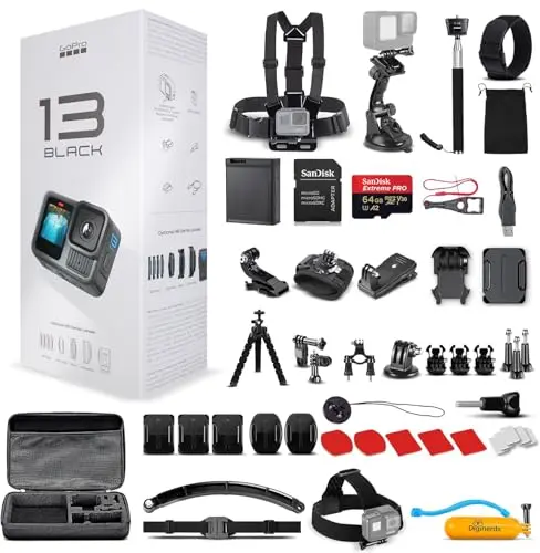 GoPro HERO13 Black action camera with waterproof housing and accessories