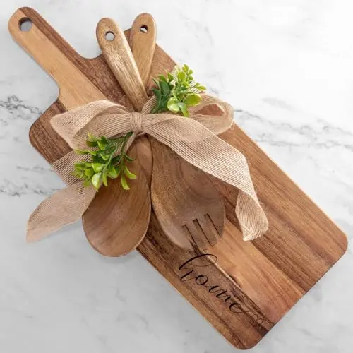 Anforsun acacia wood cutting board set with salad spoon and fork