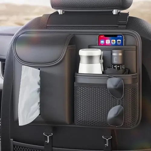 Tumecos leather car seat back storage bag with multiple pockets