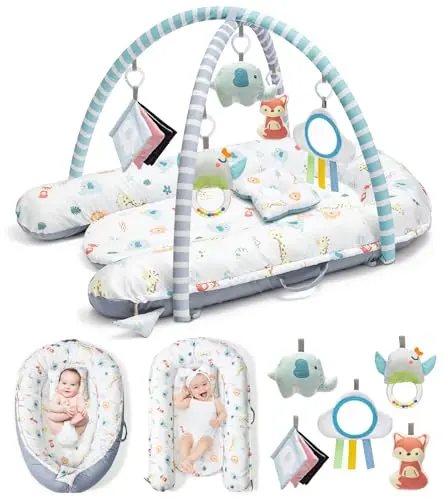 Baby play mat with U-shape bumper and sensory toys