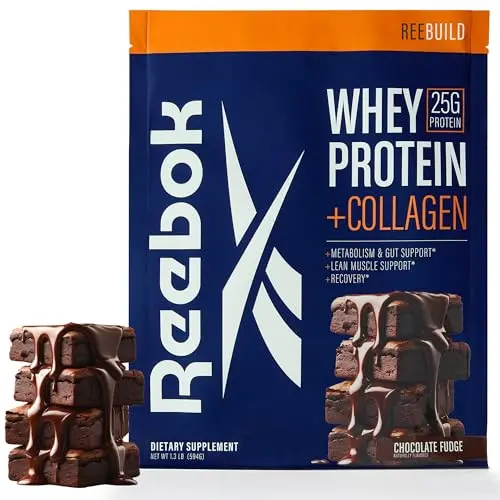 Reebok Whey Protein Powder with collagen peptides chocolate fudge flavor