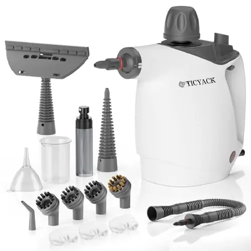 TICYACK white handheld steam cleaner with extensive accessory kit