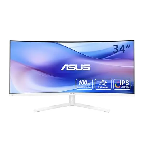 ASUS 34-inch ultrawide curved monitor with clean white design on office desk